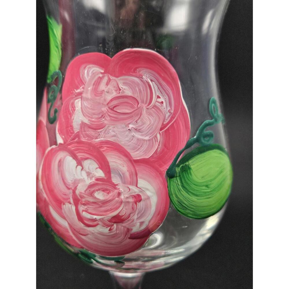 Set of 2 Vintage Hand Painted Pink Floral Wine Glasses Tulip Flared Rim 6.5" - Picture 4 of 15